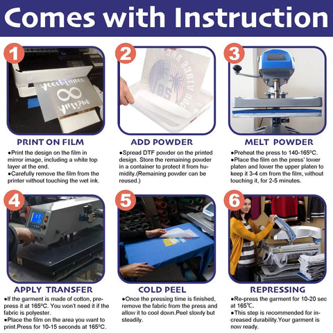 Instruction steps for Matte DTF Transfer Film for Sublimation and DTG Printing, 8.3 x 11.7 Inch, 50 Sheets PET Direct to Film Paper.