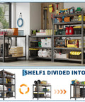 Hella Sturdy Heavy Duty Metal Shelving Rack With Five Adjustable Tiers For Garage And Workshop Storage Rust Resistant Carbon Steel with tools and supplies.