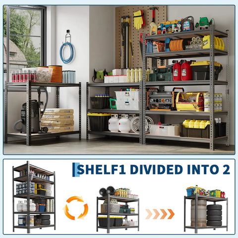 Hella Sturdy Heavy Duty Metal Shelving Rack With Five Adjustable Tiers For Garage And Workshop Storage Rust Resistant Carbon Steel with tools and supplies.