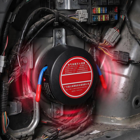 Top Shelf Emergency Essentials For Your Daily Driver Solid Compact Auto Fire Suppressor installed in vehicle with clear wires.