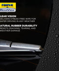 Close-up of rear wiper blade showing natural rubber durability and text on benefits, Rear Wiper Blade 11 Inch OEM Replacement With Interchangeable Adapter No Tools Needed For Easy Installation All Weather All Season Performance Composite Compatible With RL2 RL4 Arm Types For Clear Rear Visibility And Safer Driving