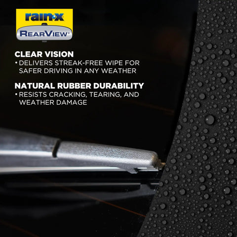 Close-up of rear wiper blade showing natural rubber durability and text on benefits, Rear Wiper Blade 11 Inch OEM Replacement With Interchangeable Adapter No Tools Needed For Easy Installation All Weather All Season Performance Composite Compatible With RL2 RL4 Arm Types For Clear Rear Visibility And Safer Driving