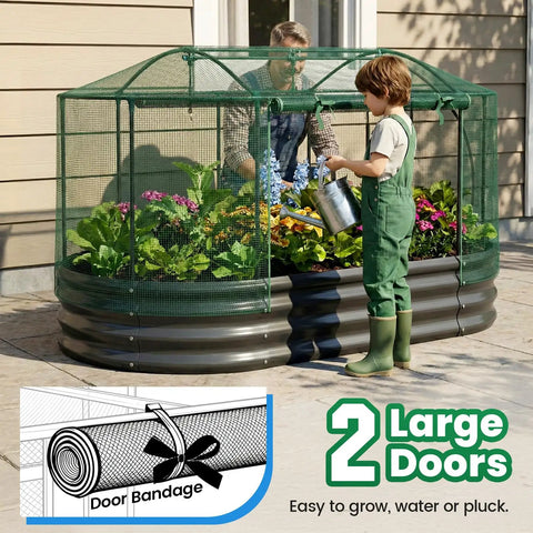 Self Watering Galvanized Raised Garden Bed Kit For Veggies Herbs And Flowers With Mesh Cover In A Large Oval Metal Outdoor Planter Box Six Foot By Three Foot By One Foot