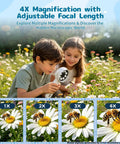 2 In 1 Kids Microscope Camera With 1000X Digital Magnification, Handheld STEM Toy For Nature Exploration, Cool Science Gift For Boys And Girls Ages 3 To 10, Easy To Use, Ready To Explore The Tiny World. Kids use a white handheld microscope in a flower field.