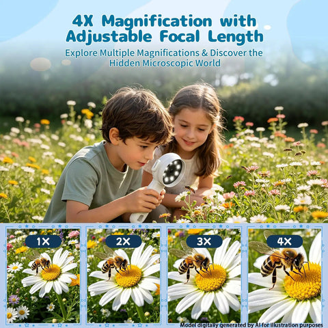 2 In 1 Kids Microscope Camera With 1000X Digital Magnification, Handheld STEM Toy For Nature Exploration, Cool Science Gift For Boys And Girls Ages 3 To 10, Easy To Use, Ready To Explore The Tiny World. Kids use a white handheld microscope in a flower field.