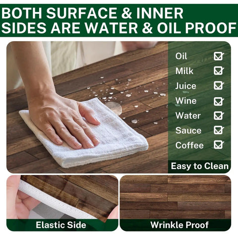 Person cleaning Waterproof Picnic Table Cover Set With Bench Covers Elastic Edges Brown Wood Fitted Tablecloths For Outdoor Patio Camping 72 Inch 3 Piece With Drawstring Storage Bag