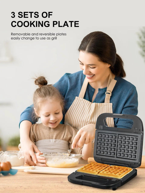 Reemix 3-In-1 Waffle Grill And Sandwich Maker Panini Press With 750W Power features cooking plates for waffles and grilling.
