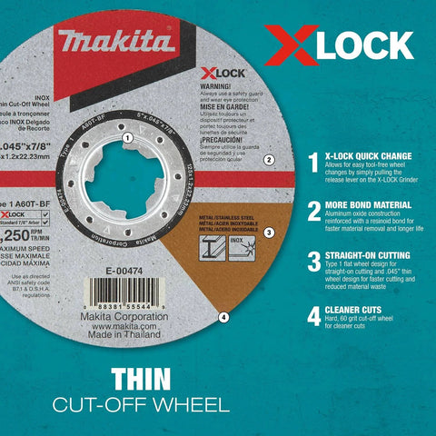 Makita X-Lock 4-1/2in thin cut-off wheel, 60 grit for metal and stainless steel.