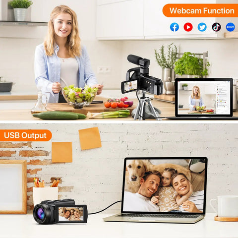 5K UHD Video Camcorder With 48MP Photos, WiFi Vlogging Camera in kitchen with USB output and webcam function displayed.