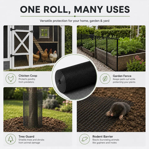 Image showcasing Premium Quality 1/2 Inch Black Hardware Cloth 48 Inches Wide By 100 Feet Long Roll used for chicken coops and gardens.