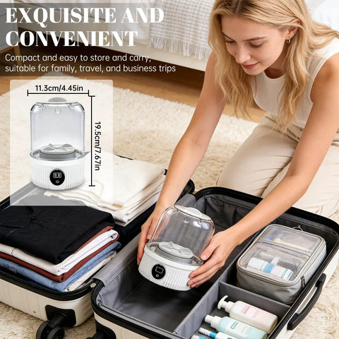 Sleek Mini Portable Washing Machine With Bright Digital Screen And Cordless Battery For Hella Fast Loads designed for easy packing in a suitcase.
