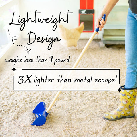 Person using Two In One Chicken Poop Scooper And Rake For Coop Cleanup, lightweight design, 36-inch handle, USA-made.