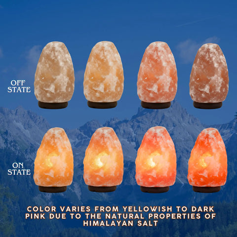 Seven Inch Himalayan Salt Lamp With Dimmer Cord Night Light Natural Crystal Rock With Wood Base Authentic From Pakistan in various lighting states.