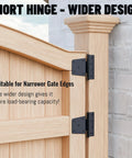 Heavy Duty Extra Thick Black Iron Gate Hinges 3.5 Inch, 4 Pack Wide Strap Door Hardware, mounted on gate edges.