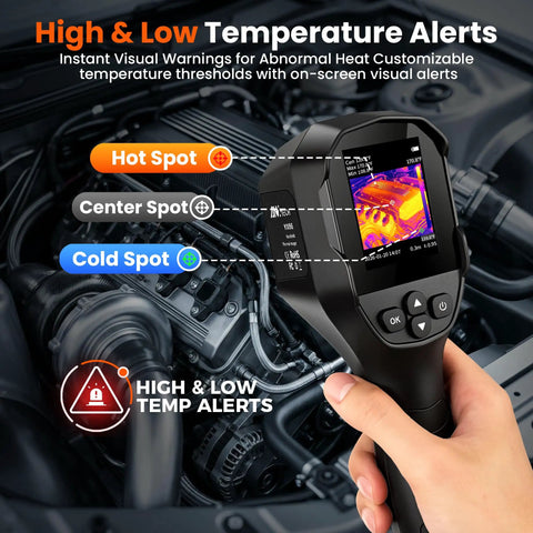 Infrared Thermal Camera For Home Inspection 240x240 TISR Sensor Pro Grade 14 Hour Battery 25Hz Handheld Thermal Imager With 50 Degree FOV For Water Leaks HVAC And Electrical Inspections displaying engine temperature alerts.