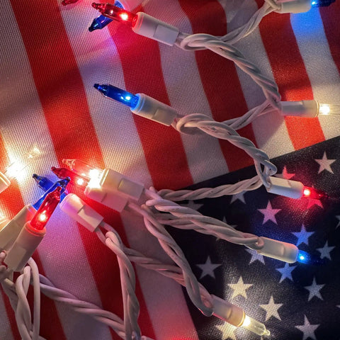 Patriotic Red White Blue Mini String Lights 100 Count With White Wire For Indoor Outdoor Holiday Decor 21 Feet UL Certified