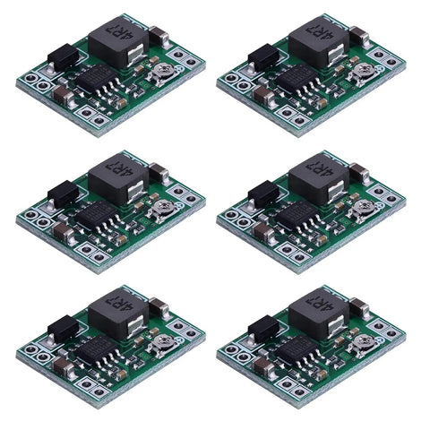 Image of six Six Channel Buck Converter MP1584EN DC-DC Step Down Regulator Modules with green circuit boards arranged in two rows.