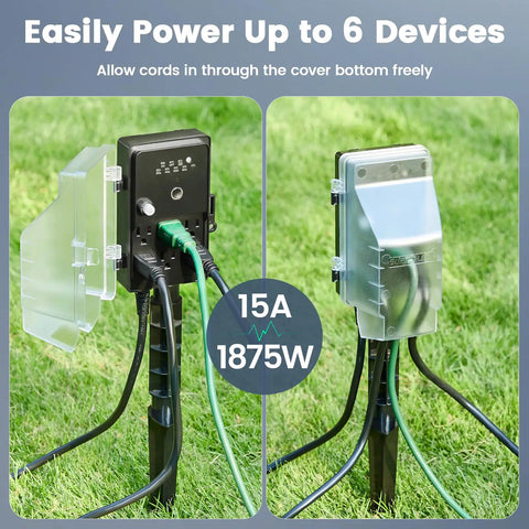 Outdoor Power Stake Timer With Remote Waterproof And Dusk To Dawn Sensor 100 Ft Range 6 Outlets 6 Ft Extension Cord