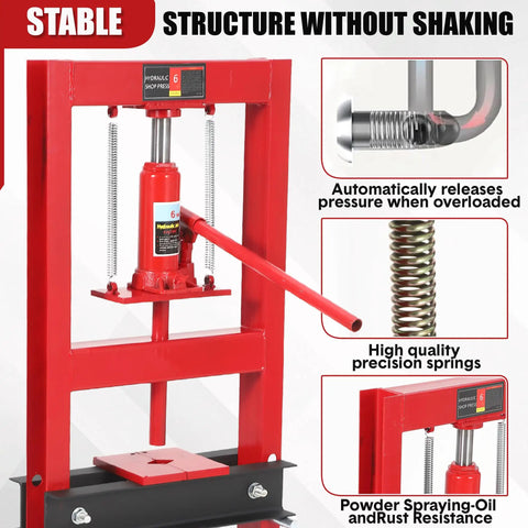 6 Ton Hydraulic Shop Press H Frame Garage Floor Press With Pressure Gauge Heavy Duty Press Machine For Auto Workshop features red frame and hydraulic cylinder.