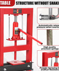 Heavy Duty 6 Ton H Frame Hydraulic Shop Press With Adjustable Table And Stamping Plates showing stable red frame and hydraulic jack.