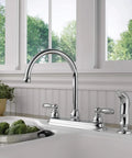 Two Handle Kitchen Sink Faucet With Side Sprayer Chrome Finish For 8 Inch 4 Hole Install 360 Degree Swivel No Fuss Install Durable Metal
