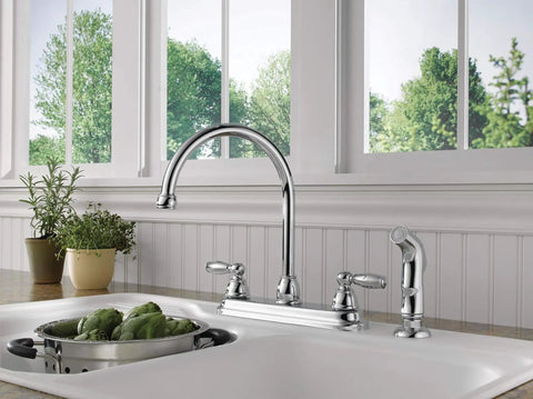 Two Handle Kitchen Sink Faucet With Side Sprayer Chrome Finish For 8 Inch 4 Hole Install 360 Degree Swivel No Fuss Install Durable Metal