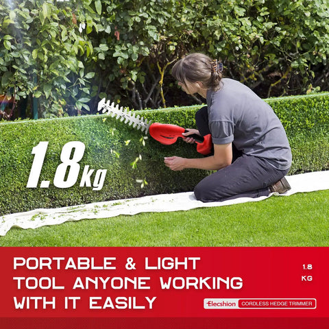 Person using 2 Pack Cordless Hedge Trimmer With Battery And Charger on hedge, highlights lightweight 1.8kg design.