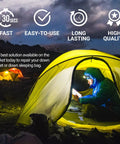 Person using Self Adhesive Waterproof Repair Patch Kit For Outdoor Gear Quick 30 Second Fix inside a lit tent at night.