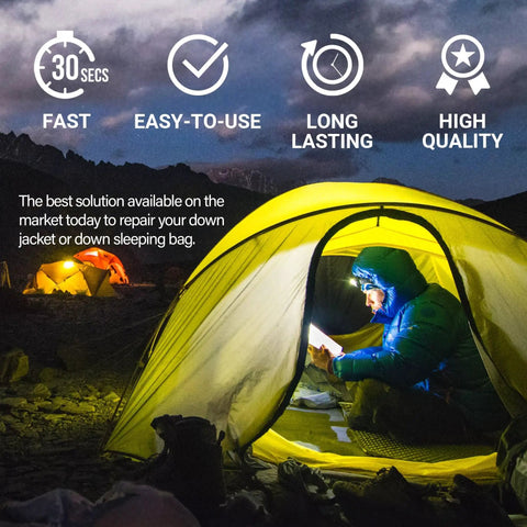 Person using Self Adhesive Waterproof Repair Patch Kit For Outdoor Gear Quick 30 Second Fix inside a lit tent at night.