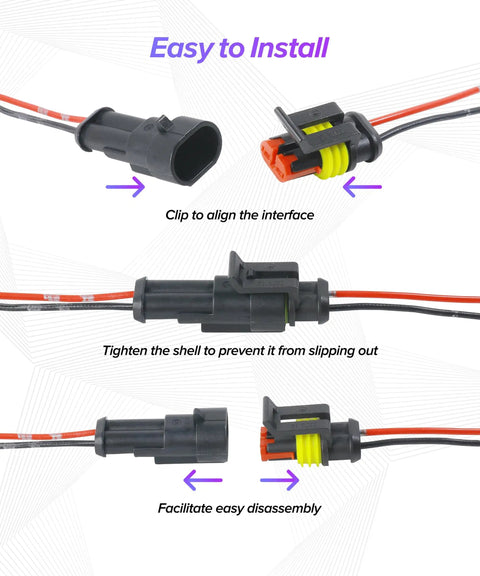 Rock-Solid Waterproof Electrical Auto Wire Connectors 2-Pin Plug-In Terminals shown in easy installation steps with durable nylon material.