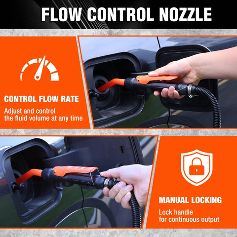 Flow control nozzle being used with Battery Powered Fuel Transfer Pump 2.2 GPM Portable Gasoline Siphon Pump for precise fluid transfer.
