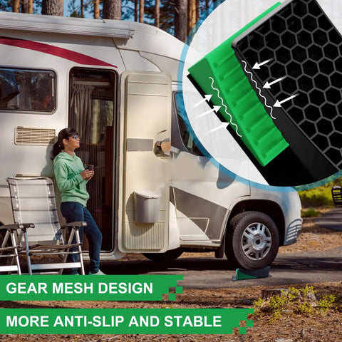Bulletproof 2 Pack Rv Leveling Blocks With Triple Grip Non Slip Base Heavy Duty Polypropylene Camper Stabilizer Pads cranking out 35K lbs load