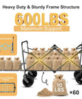 Heavy Duty Collapsible Wagon With Tailgate And Brake 600 Lbs Capacity All Terrain Beach Cart with bags showing load capacity.