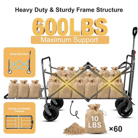 Heavy Duty Collapsible Wagon With Tailgate And Brake 600 Lbs Capacity All Terrain Beach Cart with bags showing load capacity.