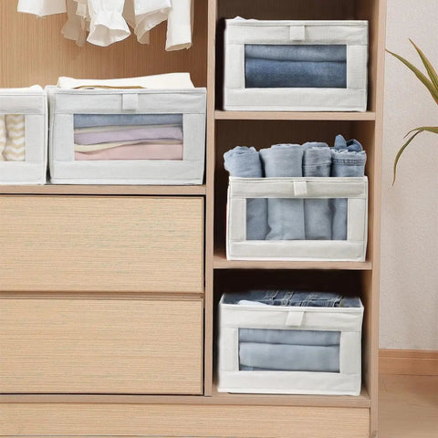 4 Pack Linen Storage Bins With See Through Window For Closet Organization And Home Organization, with folded clothes visible