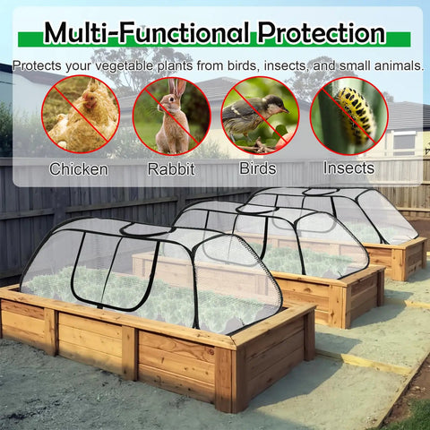 Raised beds with Pop Up Garden Mesh Cover For Raised Beds 45 By 18 By 20 Inches Plant Protector Cage Keeps Seedlings Vegetables Safe.