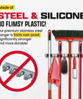 Two Pack Wall Mounted Broom and Mop Hanger Set With Stainless Steel Construction and Adhesive Mounting, shown with tools.