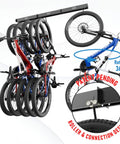 Rugged Heavy Duty Ceiling Bike Rack That Slides For Up To Six Bicycles Overhead Garage Storage Mount With 51 Inch Rails Black Steel Hanging Hooks Supporting Up To 450 Pounds Easy Install Bike Ceiling Mount displayed installed with bikes.