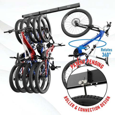 Rugged Heavy Duty Ceiling Bike Rack That Slides For Up To Six Bicycles Overhead Garage Storage Mount With 51 Inch Rails Black Steel Hanging Hooks Supporting Up To 450 Pounds Easy Install Bike Ceiling Mount displayed installed with bikes.