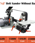 Heavy Gauge 2HP Variable Speed Bench Belt Sander With 2X72 Inch Platform And Three Rugged Grind Wheels For Badass Knife Crafting And Smooth Metal Shaping Tasks Powered By Solid 220V Supply showing belt sander without base.