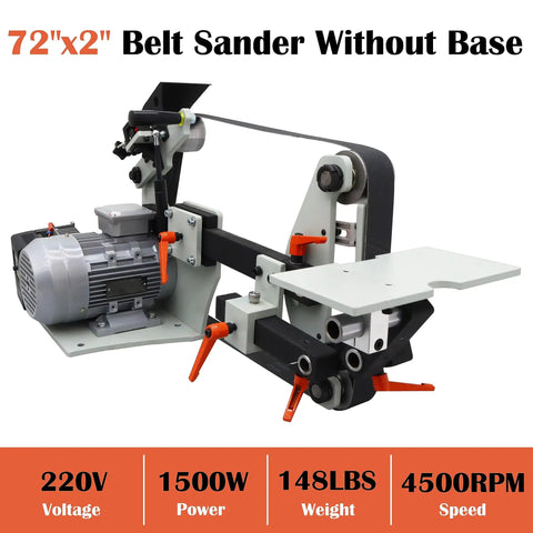 Heavy Gauge 2HP Variable Speed Bench Belt Sander With 2X72 Inch Platform And Three Rugged Grind Wheels For Badass Knife Crafting And Smooth Metal Shaping Tasks Powered By Solid 220V Supply showing belt sander without base.