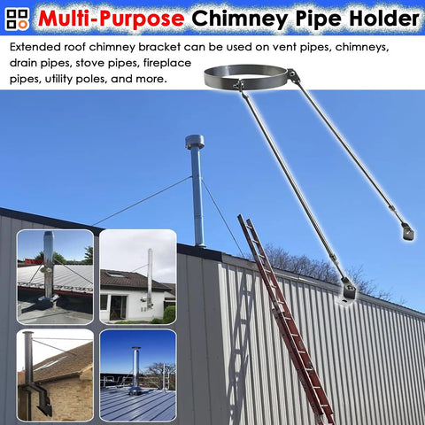 Adjustable Chimney Flue Support Bracket For Wood Stove Pipe 10 Inch Roof Brace Heavy Duty Stainless Steel Ventilation Holder mounted on roof with pipes.