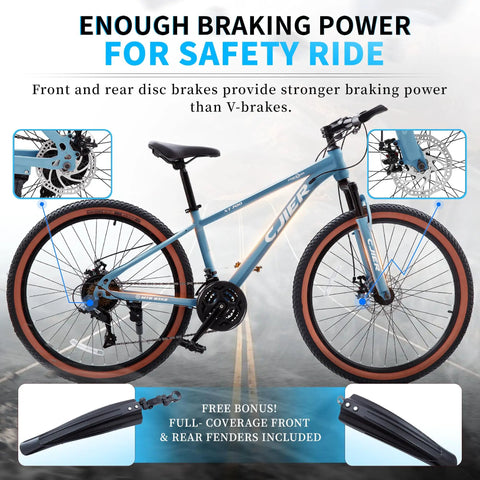 Kids Mountain Bike For Boys And Girls 24 Or 26 Inch With 21 Speeds, Suspension Fork, Disc Brakes, 2.125 Inch All Terrain Tires, Blue