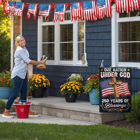 All American 250th Anniversary Garden Flag for Outdoor Use One Nation Under God Cross Design displayed on porch