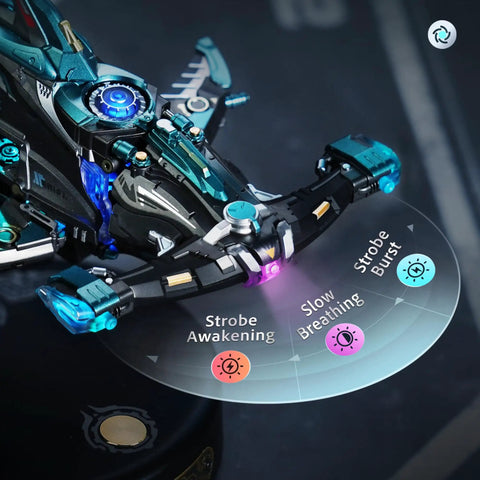 Close-up of Hammerhead Shark 3D Puzzle Kit For Adults And Teens, Sick Mechanical Model Building Kit with steampunk RGB lights.