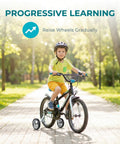 Child riding bike with Adjustable Training Wheels For Kids Bike 14 16 18 Inches With Rust Resistant Steel Frame And Rubber Wheels Easy Install Pair For Stable Support And Smooth Rides On Any Frame.