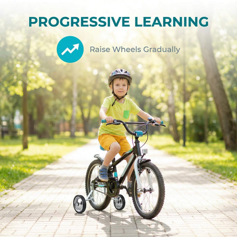 Child riding bike with Adjustable Training Wheels For Kids Bike 14 16 18 Inches With Rust Resistant Steel Frame And Rubber Wheels Easy Install Pair For Stable Support And Smooth Rides On Any Frame.
