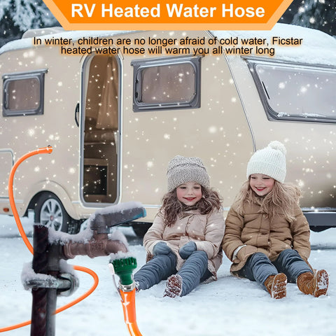 Ficstar 20ft heated RV water hose, orange, connected to outdoor faucet