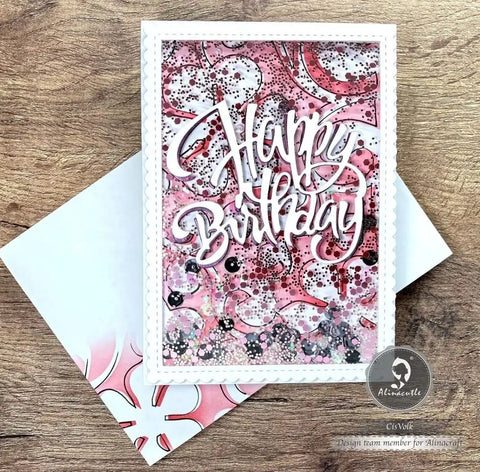 Decorative birthday card made with 3 Piece Metal Die Cut Set for Card Making and Paper Crafts on wooden background.