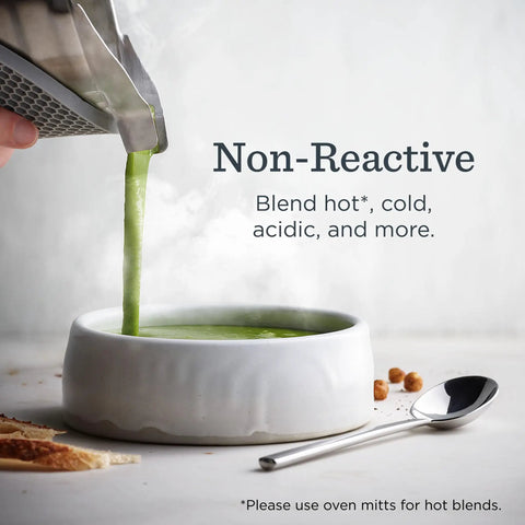 Pouring soup from 48-Ounce Stainless Steel Blender Container With Self-Detect, Dishwasher Safe, BPA-Free Clear Lid into bowl